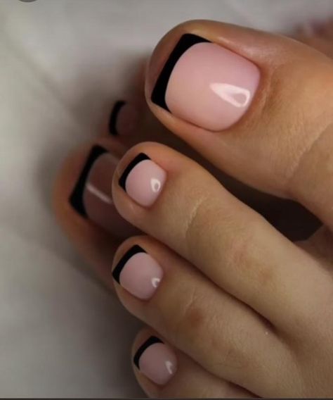 Black Tip Toenails, Black Tip French Pedicure, Black Nail Polish Pedicure, Pedicure Black French Tip, Black Pedicure With Rhinestones, Black French Toenails, Black French Tip Pedicure Toenails, Hoco Toenails, Black Tip Pedicure