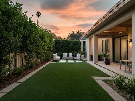 25 Modern Backyard Ideas with No Grass for Stylish Outdoor Living Small Backyard Landscaping Astroturf, Backyard With Turf And Pavers, Cement And Turf Backyard, Patio Turf Ideas, Rectangular Backyard Design Layout, Turf Patio Ideas, Backyard Turf Landscaping, Artificial Turf Backyard Ideas, Backyard Turf Ideas