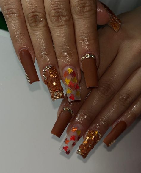 Fall nails| nail inspo | fall nail inspo| unique fall nails| autumn nails| novem nail designs| nails | nail ideas| nails acrylic Fall Nail Designs Rhinestones, November Nails Medium Length, November Nails Coffin, Thanksgiving Acrylic Nails, Unique Fall Nails, Short Thanksgiving Nails, Nail Inspo Unique, Fall Autumn Nails, Euphoria Hair