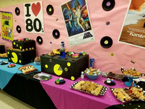 Our 80's themed family dance dessert bar. 80s Theme Dessert Table, 80s Party Food, 1980s Party Food, 80s Party Foods, 1980s Theme, Diy Dessert Table, Birthday Party Candy Bar, Lemon Press, 80s Party Decorations