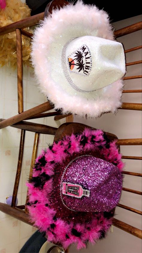 Alcohol Cow Girl Hats, 21 Birthday Cowgirl Hats, Cowboy Hat Themed Party, Pink Whitney Cowgirl Hat, 21st Cowgirl Hat, Diy Pink Cowboy Hat, Liquor Cowgirl Hats Diy, 21st Cowboy Hat, Cowboy Hats Decorated Like Alcohol