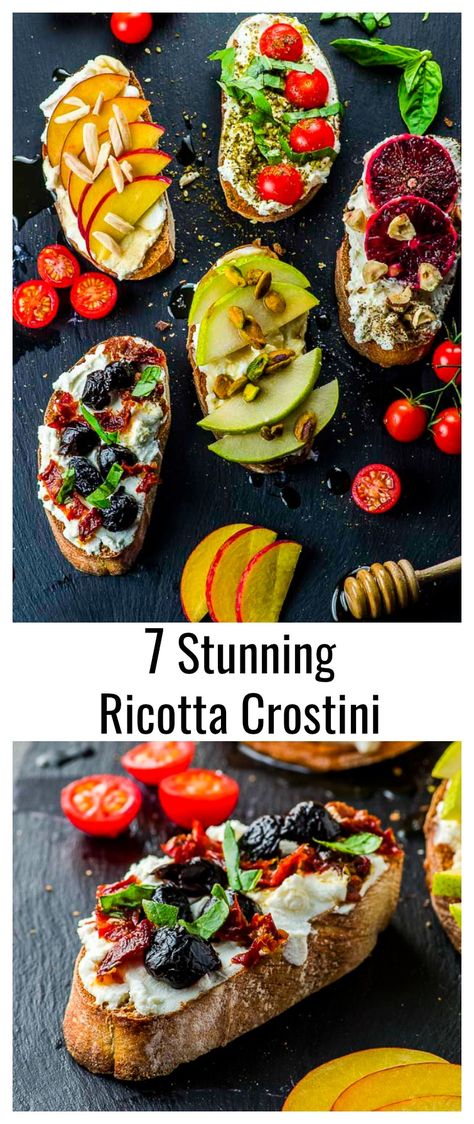 Our Ricotta Crostini Recipe is a great example of how decadent a humble slice of bread with good ricotta cheese can be! #crostini #vegetarian #breakfast #Appetizer #summer #ricotta via @mayihavethatrecipe Appetizer Summer, Bruschetta Recipes, Crostini Toppings, Ricotta Crostini, Crostini Recipe, Bread Toppings, Crostini Appetizers, Savoury Snacks, Crostini Recipes