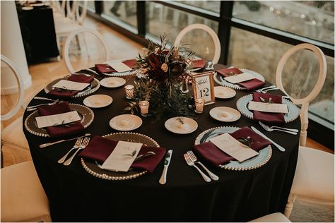 Black Table Cloth Burgundy Napkins, Black Tablecloth Burgundy Napkins, Black And Burgundy Wedding Table Settings, Wine Wedding Table Setting, Wine Color Themed Wedding, Burgundy And Black Wedding Reception, Maroon And Black Wedding Table Decor, Dark Fall Wedding Table Settings, Black And Burgundy Wedding Decorations Table Settings