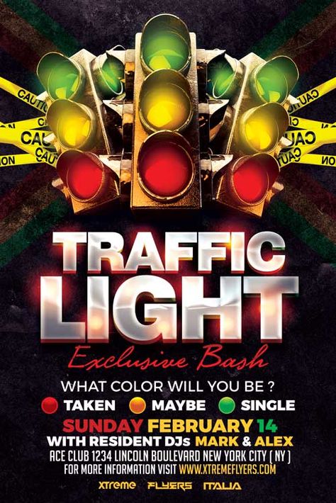 Traffic Light Flyer Template Traffic Light Flyer Template PSD designed to advertise a valentines / or an unusual party inside your night club / pub / bar. The design is well sorted in folders, and all the elements can be removed or rearranged as you please. You don’t need a good knowledge of Photoshop to edit this template : you will find the instructions to edit it inside the main file. Nevertheless the design offers the possibility to write a lot of information : the footer and the central... Traffic Light Party, Anuel Aa Wallpaper, Light Party, Night Bar, Party Flyer Template, Party Template, Mo Design, Psd Designs, Glow Party