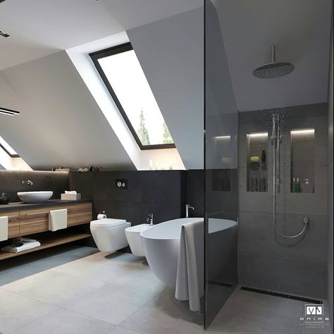 Loft Bathroom Ideas, Attic Bathrooms, Sloped Ceiling Bathroom, Attic Shower, Small Attic Bathroom, Loft Bathroom, Attic Design, Attic Bathroom, Loft Room