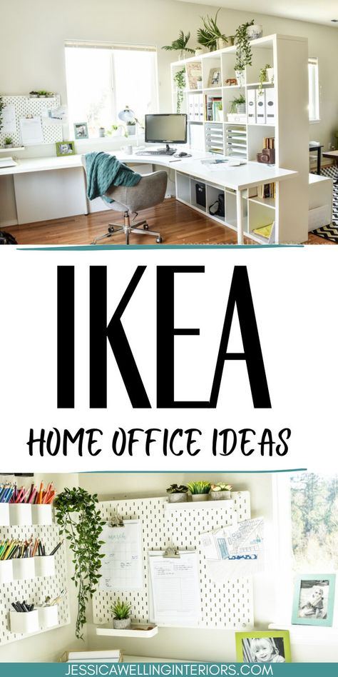 This Ikea home office makeover is full of simple Ikea home office furniture ideas to inspire you! It features the Kallax bookshelf as a room divider. Office Storage Ideas Ikea, Spare Office Ideas, Cabinets Above Desk Office Spaces, Cube Storage Desk Ideas, Ikea Office Organization Ideas, Kallax Ikea Office, Home Tutoring Room, Home Office With Storage Ideas, Square Home Office Layout Ideas