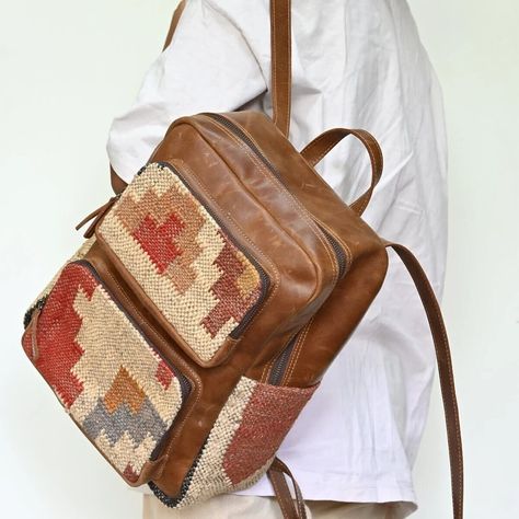 Excited to share the latest addition to my #etsy shop: Leather and Kilim Backpack Leather Bag Handcrafted Top Grain Leather Backpack Hiking Women Rugs For Men, Men Purse, Backpack Design, Leather Book Covers, Boho Lifestyle, Backpack Hiking, Kilim Bag, Man Purse, Bag Pack