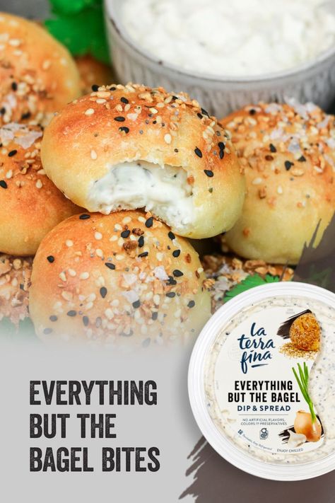 'Tis the season for parties and platters. These Everything But the Bagel stuffed bagel bites will be your go-to crowd pleaser. #EverythingButTheBagel Stuffed Bagel Bites, Bagel Balls, Everything Bagel Bites, Everything Bagel Dip, Bagel Bites Recipe, Bagel Dip, Cheese Recipes Homemade, Everything But The Bagel, Bagel Bites