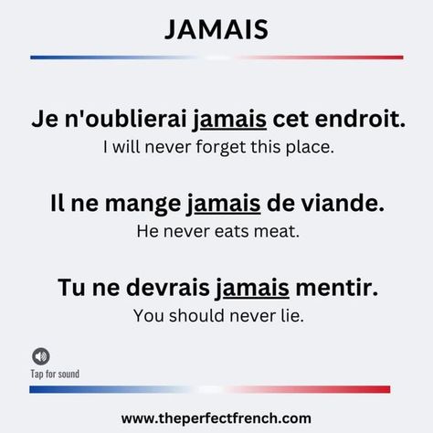 Dylane Moreau | Teacher & Best Seller Author on Instagram: "5 easy French sentences with JAMAIS  **Learn everything you need with my books 📕 - The Complete French Pronunciation Course - The Complete French Grammar Course - The Complete French Conjugation Course - The Complete French Vocabulary Course - The Complete French Expressions Course - Passé composé vs Imparfait - The French subjunctive - French Short Stories - Volume 1 - French Short Stories - Volume 2 - French Long Stories - Volume 3**  **All my books are available on Amazon or on my website.**  If you don’t know where to start, download my FREE self-study guide on my website! Link in bio.  #learninglanguages #fle #education #frenchclass #onlinefrenchcourses #languageschool #learnfrencheasily #frenchlanguage🇫🇷 #francais #dailyf French Short Stories, French Conjugation, French Sentences, French Pronunciation, French Flashcards, French Grammar, French Expressions, French Vocabulary, French Class