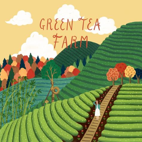 Farm Illustration, Farm Cartoon, Tea Illustration, Tea Farm, Garden Illustration, Tea Packaging, Tea Art, Landscape Illustration, Elements Of Art