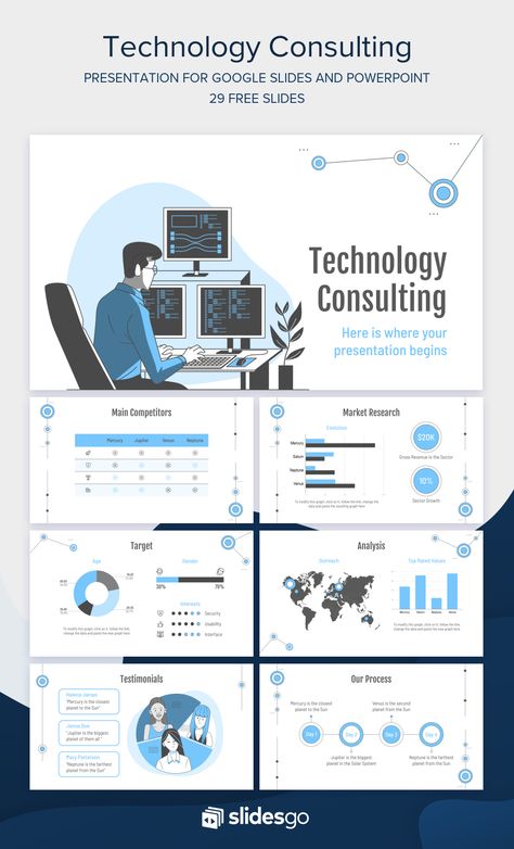 Technology Presentation Design, Powerpoint Design Technology, Powerpoint Design Business Presentation, Powerpoint Templates Slidesgo, Professional Slides Presentation, Company Slide Presentation, Pitch Presentation, Free Powerpoint Presentations, Technology Consulting