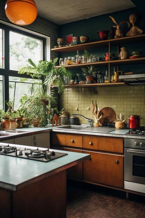 Kitchen Design Craftsman, Wood Kitchen Inspirations, Orange Kitchen Countertops, Mid Century Apartment Kitchen, Kitchen Inspo Brown Cabinets, Eclectic Japanese Interior, Orange Kitchen Aesthetic, Kitchen Ideas No Window, Small Mcm Kitchen