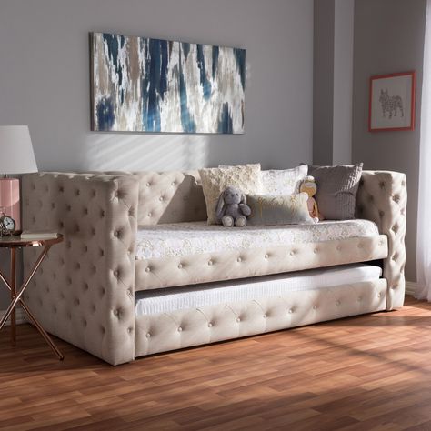 Baxton Studio Janie Classic and Contemporary Fabric Upholstered Daybed with Trundle Light Beige Daybed In Living Room, Twin Daybed With Trundle, Contemporary Light, Upholstered Daybed, Daybed With Trundle, Perfect Bedroom, Contemporary Fabric, Baxton Studio, Contemporary Bed