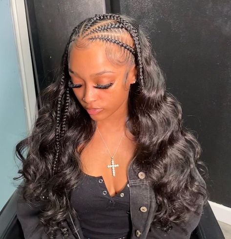 Braid With Half Up Half Down, Half Up Half Down Braid Sew In, Half Braids Half Down Hair Black Women, Half Braid Half Down, Braids With Hair Down, Half Feed In Braids Half Sew In, Braids And Curls Hairstyles, Half Up Half Down With Braids, Half Up Half Down With Braid