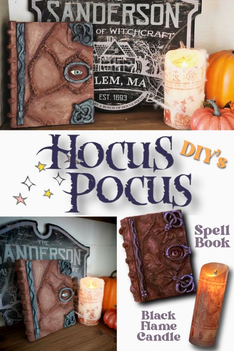 Diy Book Hocus Pocus, Diy Witch Spell Book, Book Hocus Pocus, How To Make A Black Flame Candle, Hocus Pocus Candle Diy, Hocus Pocus Book Of Spells, Black Flame Candle Hocus Pocus, Diy Book Of Spells, Diy Black Flame Candle Hocus Pocus