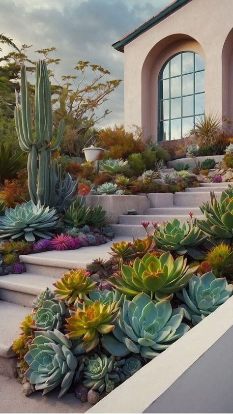 Elevate Your Backyard Oasis with These Succulent Landscape Designs 33 Succulent Front Yard Landscaping, Succulent Front Yard, Landscaping Succulents, Succulent Garden Ideas, Xeriscape Front Yard, Small Front Yards, Succulent Garden Landscape, Front Yard Decor, Succulent Landscape Design