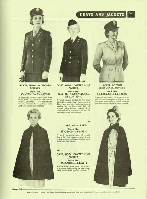 Quartermaster Supply Catalog QM 3-2 - 1943: Herbert Hillary Booker 2nd of Tujunga, California presents a 1943 issue of an Army Quartermaster Catalogue showing clthing and equipment for women in the Army of the United States ~ Nurse Images, Ww2 Women, Vintage Nursing, Wwii Women, 40's Style, Nursing History, Seersucker Jacket, White Uniform, 7 October