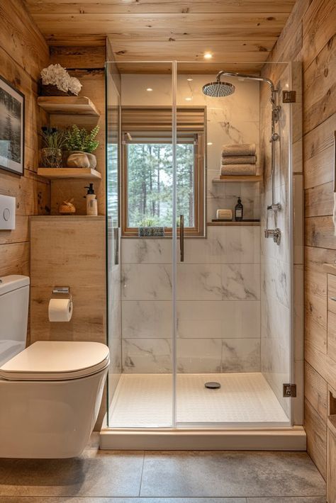 29 Small Cabin Bathroom Ideas for a Rustic-Chic Look 3 Modern Lodge Bathroom, Small Bathroom Rustic, Cabin Shower Ideas, Cozy Cottage Bathroom, Modern Small Cabin, Small Cabin Bathroom Ideas, Rustic Chic Bathroom, Glass Shower Ideas, Tiny Cabin Bathroom