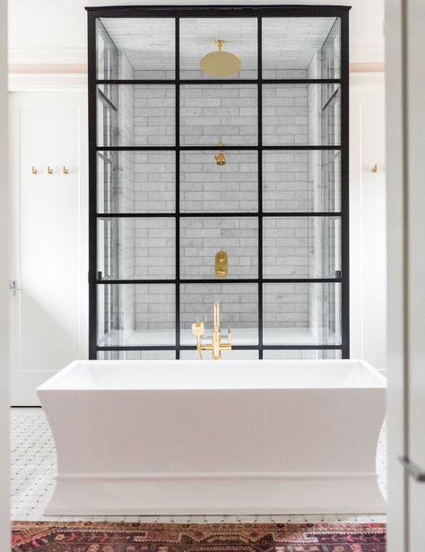 The House So Bold and Full of Pattern, You Have to See It to Believe It | The Everygirl Tub In Front Of Shower Wall, Large Open Kitchens, Open Showers, Marble Wall Tiles, Wooden Bath, Bathroom Farmhouse Style, Amber Interiors, Free Standing Bath Tub, Free Standing Tub