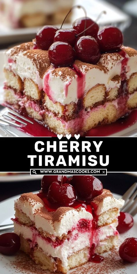 Treat yourself to this irresistible Cherry Amaretto Tiramisu. Sweet, plump cherries paired with a hint of amaretto create the perfect balance of flavor in this decadent, creamy dessert. Fruity Tiramisu, Cherry Tiramisu, Amaretto Tiramisu, Tiramisu Pudding, Traditional Tiramisu, Cinnamon Roll Desserts, Cherry Amaretto, Italian Desserts Traditional, White Chocolate Cherry