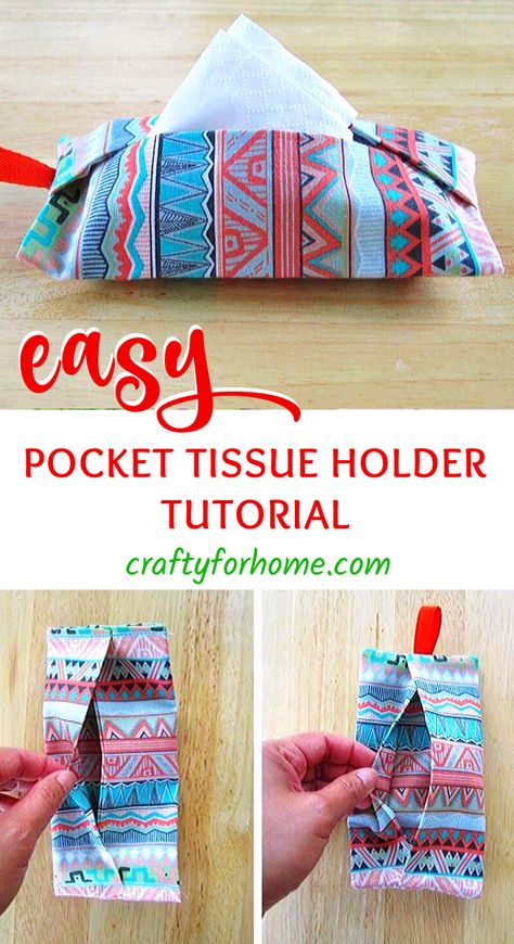 Pocket tissue holder from fabric. It shows the placement for the tissue inside the fabric pouch. Diy Fabric Tissue Holder, Cotton Fabric Diy Ideas, Back To School Sewing Ideas, Diy Travel Tissue Holder, Camp Sewing Projects, Half Yard Fabric Projects, Sewing Projects Fat Quarter, Sew Easy Projects, Tissue Gift Ideas