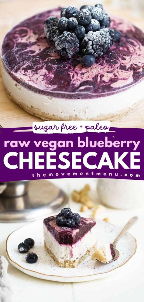 Your Thanksgiving sweet treats must have this no-bake, raw vegan cheesecake! It's also refined sugar-free and paleo. So creamy and delicious, this fresh blueberry cheesecake is the BEST. Complete your Christmas desserts with this holiday recipe, too! Fresh Blueberry Cheesecake, Vegan Blueberry Cheesecake, Mixed Berry Dessert, Raw Vegan Cheesecake, Cheesecake Bars Easy, Blueberry Cheesecake Recipe, Raw Cheesecake, Thanksgiving Sweet Treats, Best Paleo Recipes