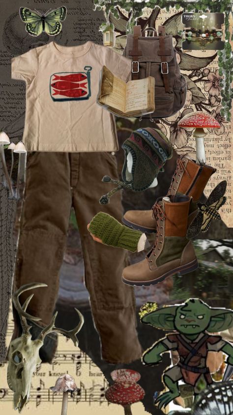 a hiking outfit #goblincore #forest #forestcore #forestaesthetic #forestacademia #forestfairy #greenwitch #forestwitch #goblin #gremlin #gremlincore Cryptid Academia Outfits, Gremlin Core Outfit, Goblincore Men, Goblincore Outfits Male, Goblin Punk, Adventurecore Aesthetic Outfit, Goblin Core Aesthetic Outfits, Forest Core Outfits, Forestcore Fashion