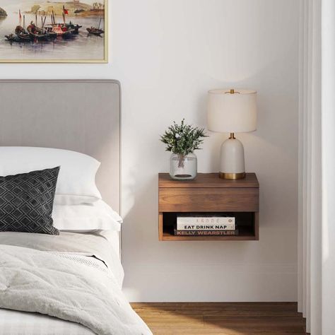 15 Floating Nightstands for a Stylish Bedroom | 10 Stunning Homes Floating Side Table, Modern Floating Nightstand, Floating Drawer, Floating Bedside Table, Nathan James, Nightstand Decor, Side Table Decor, Walnut Side Tables, Прикроватные Тумбочки