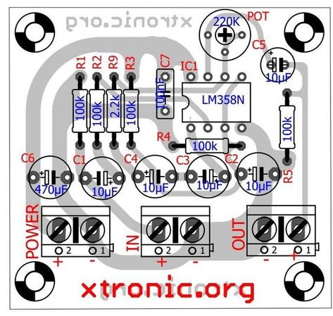 Preamp - Circuit audio preamplifier - IC LM358 dual op amp Circuit_audio-pre-amplifier_lm358_pcb_comp in #Circuits #lm358datasheet #lm358pdf #lm358pinout #lm358an #lm358b Amplificador 12v, Direct Boxes, Diy Amplifier, Electronic Circuit Design, Electronic Circuit Projects, Electronic Circuit, Headphone Amplifiers, Circuit Projects, Circuit Design