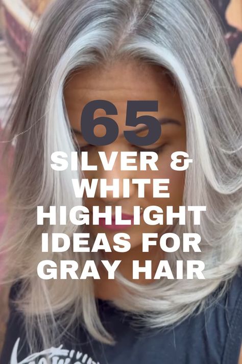 A medium-length, layered hairstyle in silver tones with soft white highlights, styled for a timeless and elegant appearance. White Hair Ideas Dyed, Silver And Platinum Hair, Gray Blending Highlights And Lowlights, Platinum And Silver Hair, Peekaboo White Hair, Highlight For Grey Hair, Gray Hair Ideas Over 50, Gray Hair With Burgundy Highlights, White Roots Blonde Hair