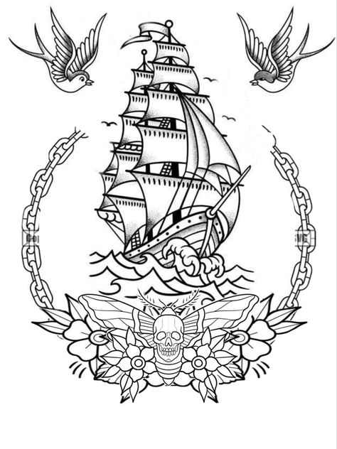 Traditional Tattoo Back Piece, Nautical Sleeve, Traditional Ship Tattoo, Traditional Tattoo Stencils, Pirate Ship Tattoo, Traditional Tattoo Drawings, Boat Tattoo, Abstract Tattoo Ideas, Optical Illusion Tattoos