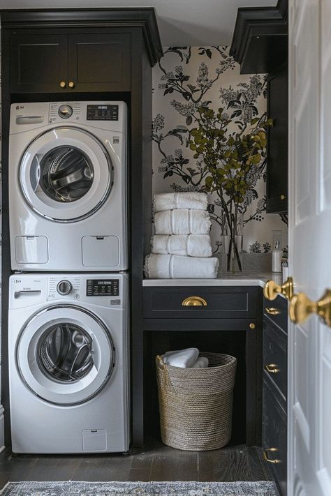 Laundry Room Organization With Stackable, Stacked Laundry Room Ideas, Washer Dryer Laundry Room, Stacked Laundry, Stackable Laundry, Tiny Laundry, Narrow Laundry Room, Small Utility Room, Stacked Laundry Room