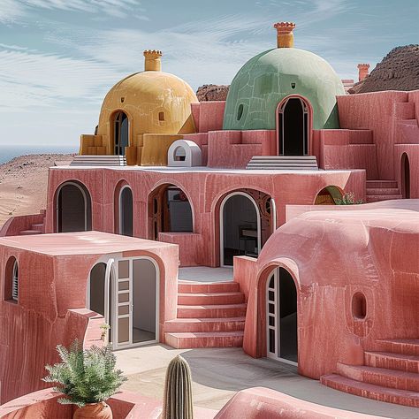 Coastal Colorful Dream Domes, Hormuz, Ir|Visualization Contemporary Mud House, Mud Buildings Architecture, Hormoz Island, Mud Architecture, Living Architecture, African House, Iranian Architecture, Mud House, Chalet Design