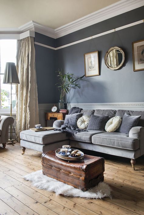 Grey Blue Lounge, Dusty Blue And Grey Living Room, Cosy Living Room Ideas Comfy, Cool Tone Decor Living Rooms, Blue And Grey Lounge Ideas, Sf Living Room, Heritage Living Room Decor, Victorian Flat Living Room, Hilary Farr Design Living Rooms