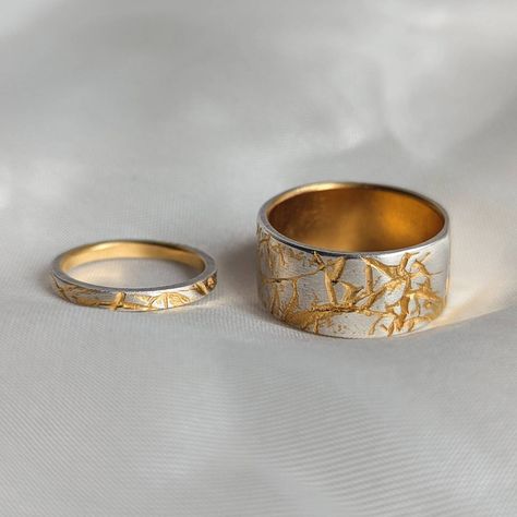 Same same, but different ... Matching wedding rings with gold bursting through the texture 💥 Same Same But Different, Same But Different, Rings Ideas, Matching Wedding Rings, Edgy Jewelry, Jewellery Ideas, Personalized Jewelry, Wedding Ring, Wedding Ideas