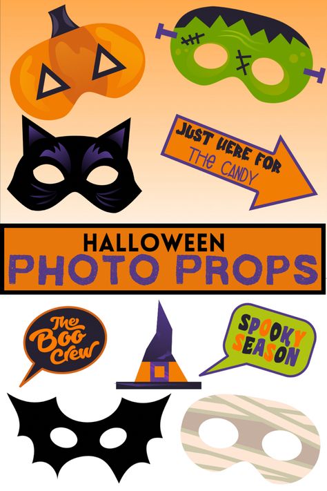 Halloween photo props including halloween face masks and conversation bubbles, witch hat, mummy, Frankenstein, pumpkin, bat and black cat Free Halloween Photo Booth Printables, Halloween Photo Booth Props Printable, Fall Photo Booth Props, Halloween Photo Booth Ideas, Fall Photobooth, Photo Booth Props Template, Photo Booth Props Free Printables, Halloween Photobooth, Fall Photo Booth