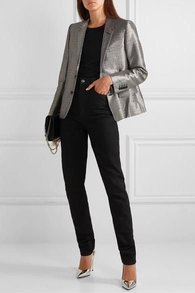 from @NET-A-PORTER's closet #saintlaurent Silver Blazer Outfit, Classy Elegant Wedding Dress, Classy Elegant Wedding, Casual Leather Jacket Outfit, Silver Blazer, Saint Laurent Jeans, Silver Outfits, Smart Casual Dress, Silver Jacket