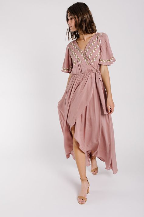 The Parklan Embroidered Wrap Dress in Mauve Walks On The Beach, Material Things, Wrap Dresses, Romantic Outfit, Mauve Dress, Wardrobe Ideas, Feminine Beauty, Bridesmaids Dresses, New Wardrobe