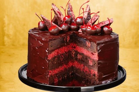 A cross between a mud cake and a brownie, this sweet treat is filled with Cherry Ripe bars and a cherry and coconut filling. Brownie Cake Recipe, Chocolate Mud Cake, Mud Cake, Cherry Recipes, Christmas Recipe, Chocolate Filling, Brownie Cake, Red Velvet Cake, Velvet Cake