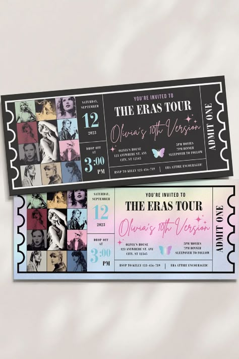 The Eras Tour has been an enormous success, with tickets being just as highly sought after as Taylor Swift's chart-topping hits! These fabulous Taylor Swift Eras Tours concert ticket party invitations are the ultimate must-have for Taylor Swift party! Not only do they capture the essence of a Taylor Swift concert, but they also set the stage for an epic night of music and memories. Your guests will be thrilled to receive these unique invites, setting the tone for a party filled with fun, ... Taylor Swift Ticket Invitation, Taylor Swift Eras Birthday Invitation, Eras Tour Party Invitation, Eras Birthday Invitation, 18th Birthday Party Ideas Taylor Swift, Taylor Swift Party Invite, Eras Party Ideas, Eras Tour Bday Party, Taylor Swift Eras Tour Tickets