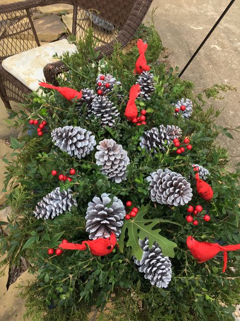 Cardinal and frosted pine cone Christmas grave blanket made from greens from my own yard Grave Site Winter Blanket, Gravesite Blankets, Grave Blankets Cemetery Christmas, Grave Blankets Ideas Diy, Grave Blankets How To Make A, Grave Blankets Ideas, Christmas Cemetery Decorations Ideas, Christmas Grave Decorations, Christmas Grave Flowers