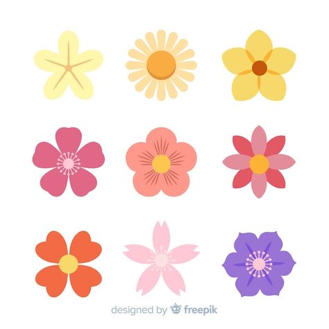 Free vector flat spring flower collectio... | Free Vector #Freepik #freevector Flower Flat Illustration, Realistic Cartoons, Japanese Bird, Grass Pattern, Flower Flat, Kids Planner, Spring Flats, Dark Green Background, Flower Collection