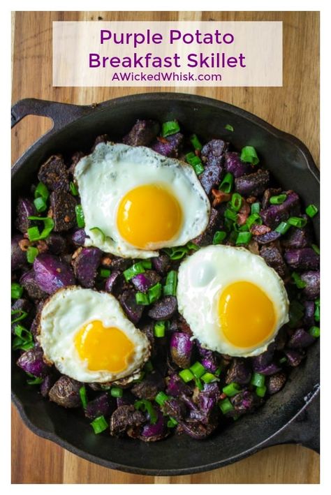 Purple Potato Breakfast Skillet is easy, delicious and the perfect way to start your day. Tasty quick and easy, this Purple Potato Breakfast Skillet will have you looking forward to waking up! | A Wicked Whisk | https://www.awickedwhisk.com #breakfast #breakfastskillet #breakfastideas #brunchideas #brunch #potatoskillet #breakfastpotatoes #purplepotatoes #skillet #skilletpotato Potato Breakfast Ideas, Purple Potato Recipes, Sweet Potato Breakfast Recipes, Breakfast Potatoes Skillet, Breakfast Skillet Recipes, Sweet Potato Dessert, Potato Breakfast Recipes, Potato Breakfast, Purple Sweet Potato