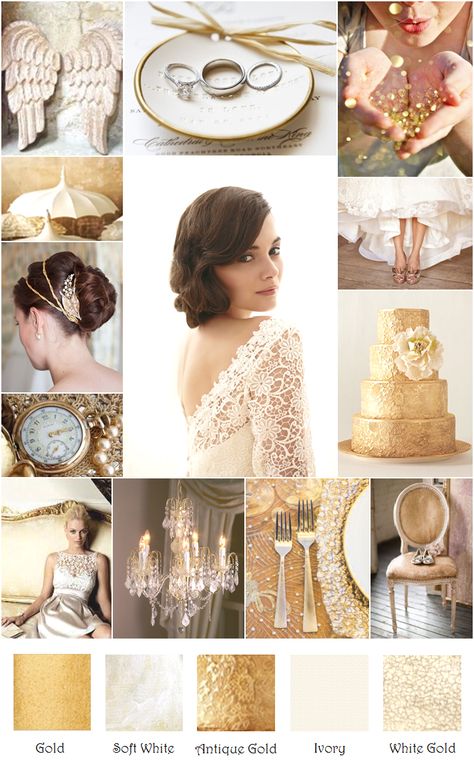 Gold Soft White Ivory Lace Sparkle Inspiration Board Cake Book, Wedding Theme Color Schemes, Metallic Wedding Cakes, Cream Wedding Dresses, Gold Inspiration, Decor Color Schemes, Gold Bridesmaids, Color Board, Wedding Inspiration Board