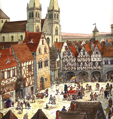 Medieval German Town, Medieval City Layout, Medieval Town Concept Art, Medieval Town Square, Middle Ages Architecture, Medieval Kingdom, Medieval Market, Fantasy Town, Perspective Drawing Architecture