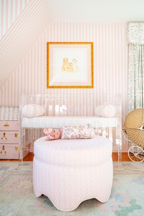 Cabana Nursery, Pink Stripe Nursery, Love Shack Fancy Nursery Ideas, Polo Nursery, Preppy Girl Nursery, Old Money Nursery, Striped Wallpaper Nursery, White Nursery Ideas, Preppy Nursery