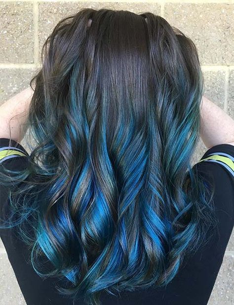 Highlight Ideas For Dark Brown Hair - Electric Blue Highlights Blue Highlights In Brown Hair, Ideas For Dark Brown Hair, Highlights In Brown Hair, Blue Balayage, Blue Brown Hair, Coffee Brown Hair, Blue Hair Highlights, Highlight Ideas, Dyed Hair Blue