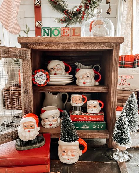 Vintage Santa Mug Display, Vintage Santa Decor, Santa Mug Display, Vintage Pie Safe, Santa Mug, Mug Display, Pie Safe, Winter Decorating, Santa Decorations