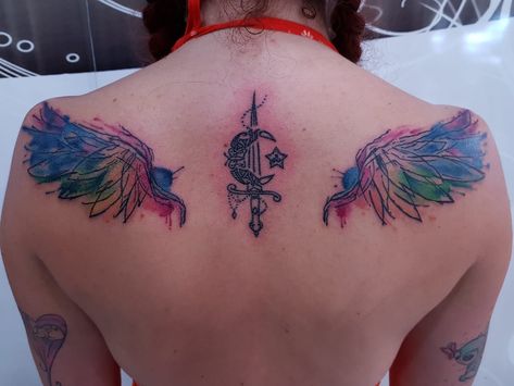 Rainbow Wings Tattoo, Tattoos Wings, Tattoo Wings, Watercolour Tattoos, Wing Tattoos, Wings On Back, Rainbow Wings, Awesome Tattoo, Tatuaje A Color