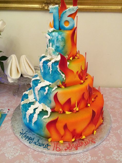 Fire and ice themed cake... A two layer with little figurines of the characters and a 2 on top would be precious for E's party! Fire And Ice Sweet 16 Theme, Phoenix Themed Party, Fire And Ice Cake, Fire And Ice Party Theme, Elemental Party, Banquet Desserts, Ice Wedding, Ice Theme, Fire Cake